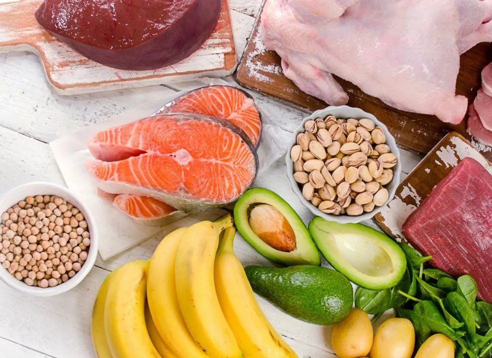 Whole foods rich in B-vitamins and minerals: salmon, avocado, legumes and fresh produce